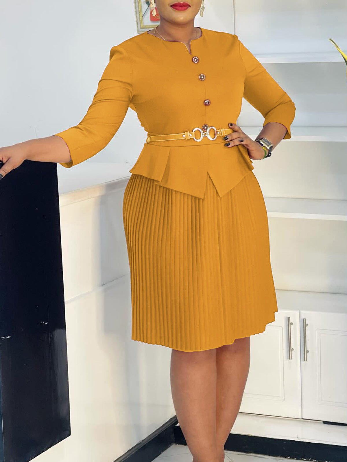 Women's 3/4 Sleeve Fashion Chic Elegant Pleated Dress 6