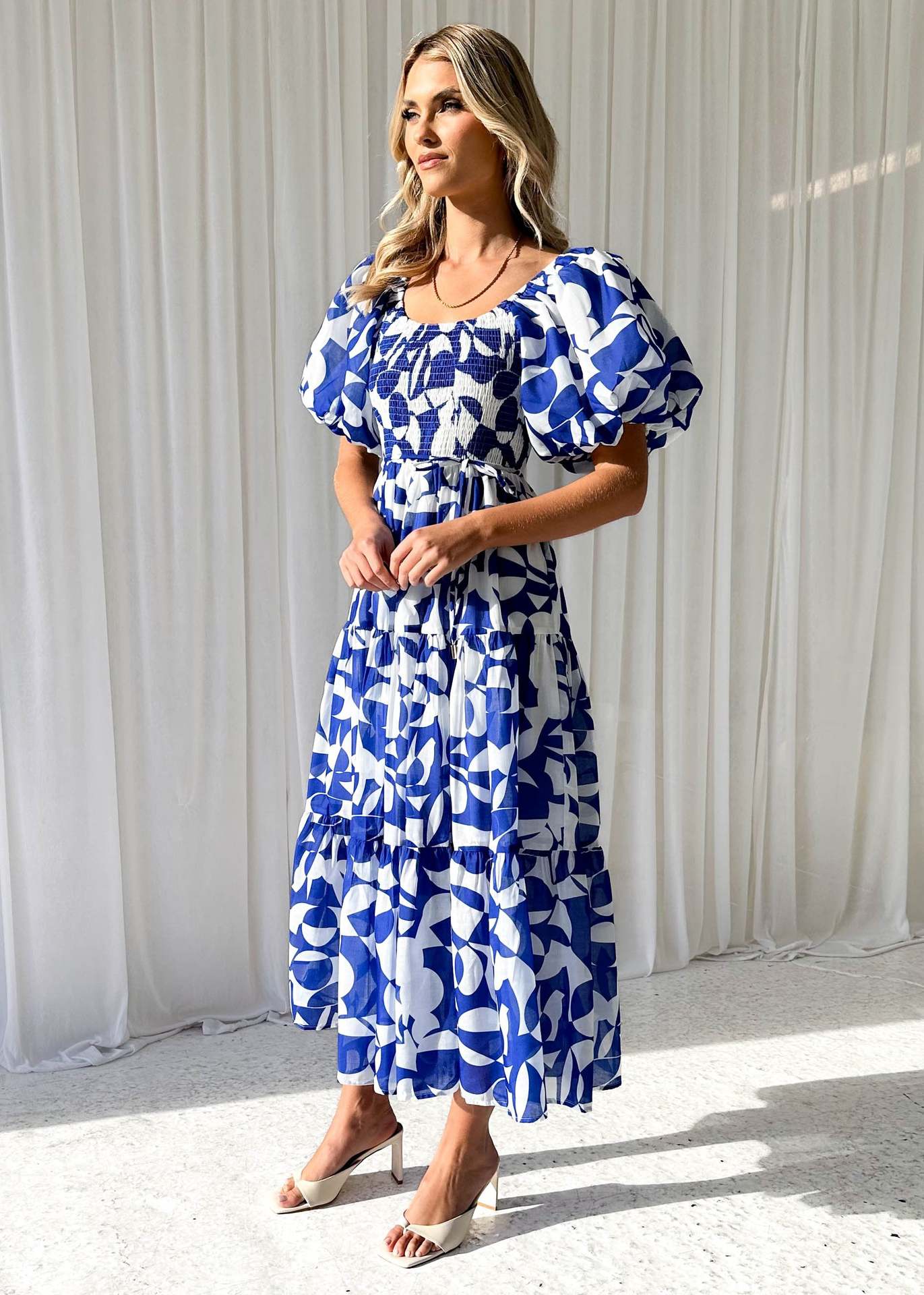 Women Elegant Print Off Shoulder Puff Sleeve Dress 31