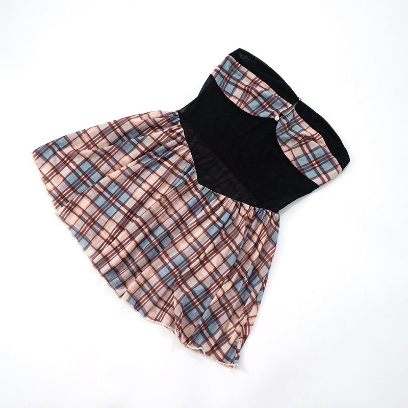 Women's Strapless Low Back Pleated Plaid Patchwork Mesh Dress 10