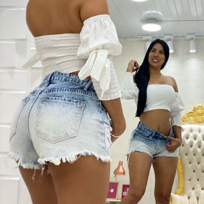 Summer Women's High Waist Slim Fit Gradient Denim Shorts 3