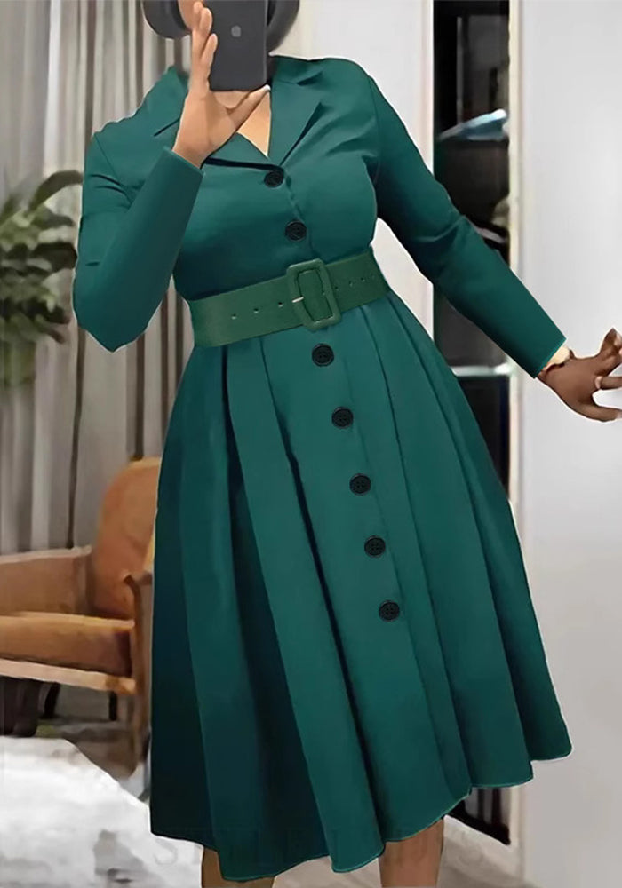 Plus Size  V Neck Turndown Collar A-Line Belt Shirt Dress