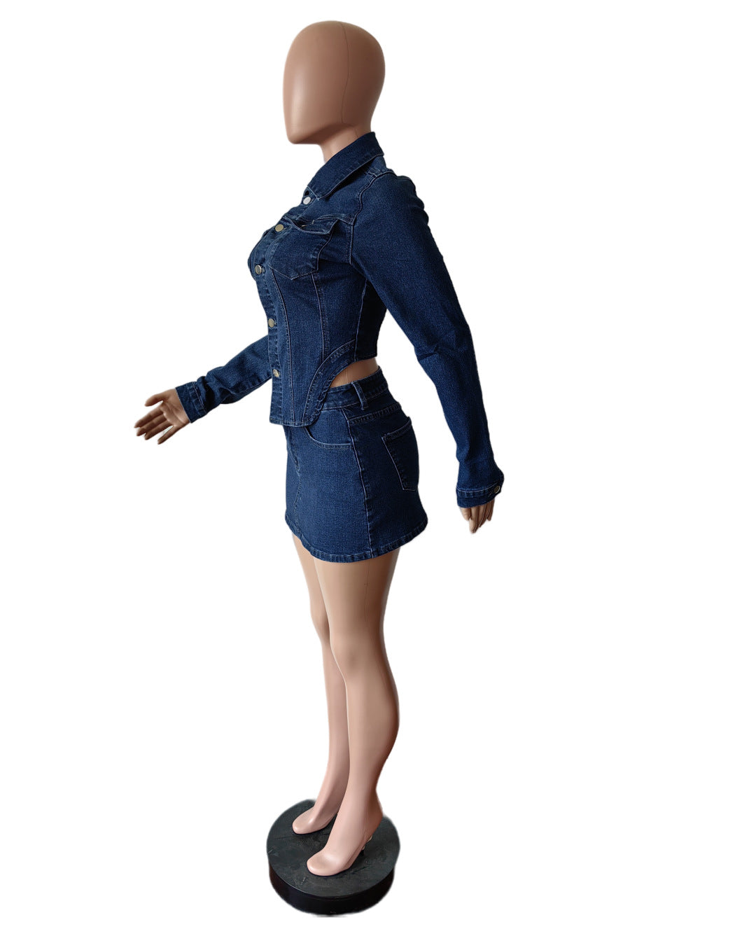 Women Denim Elastic Washed Long Sleeve Top and Skirt Two-piece Set 5