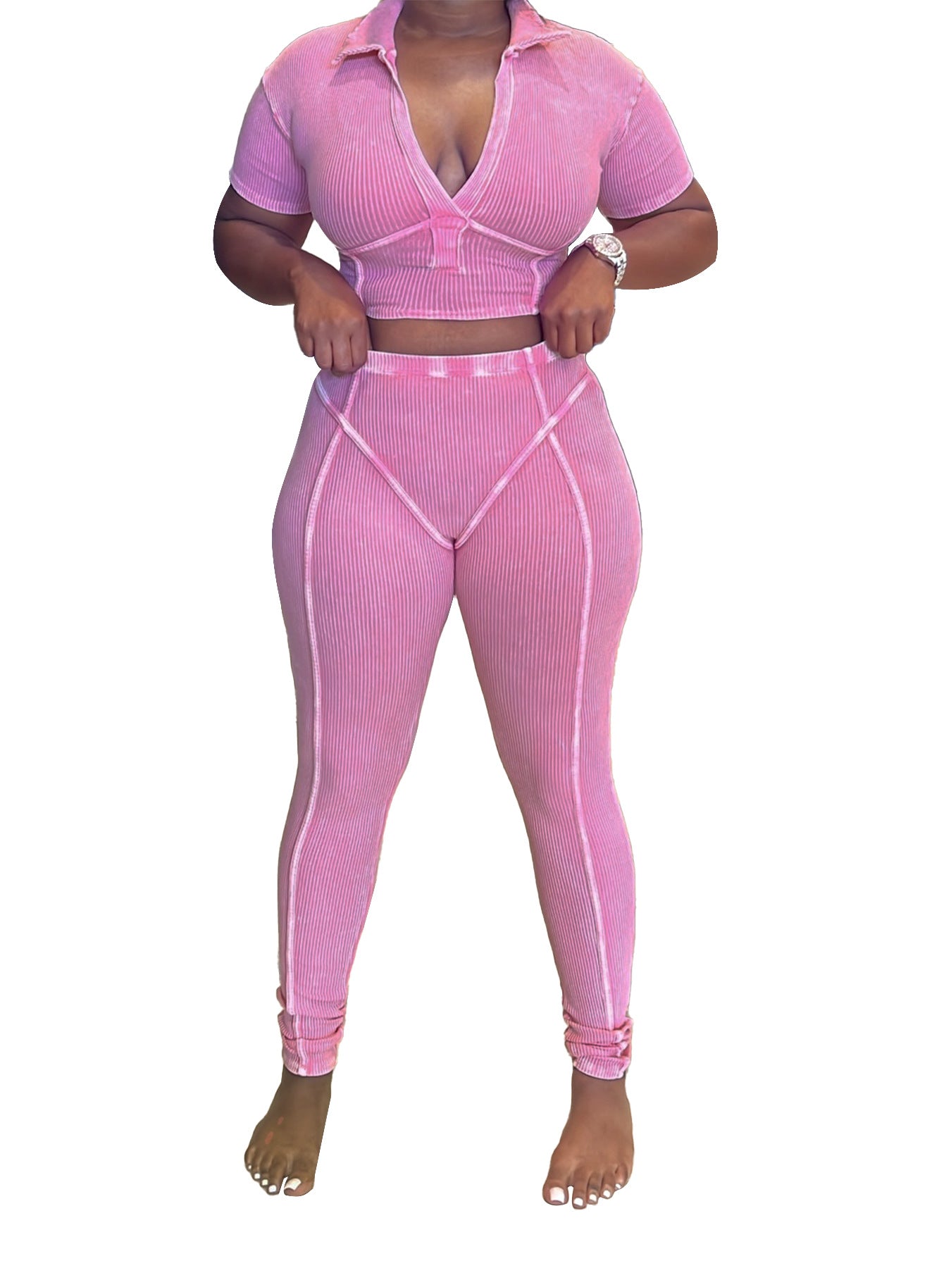 Women Washed and distressed Turndown Collar V Neck two-piece set 7