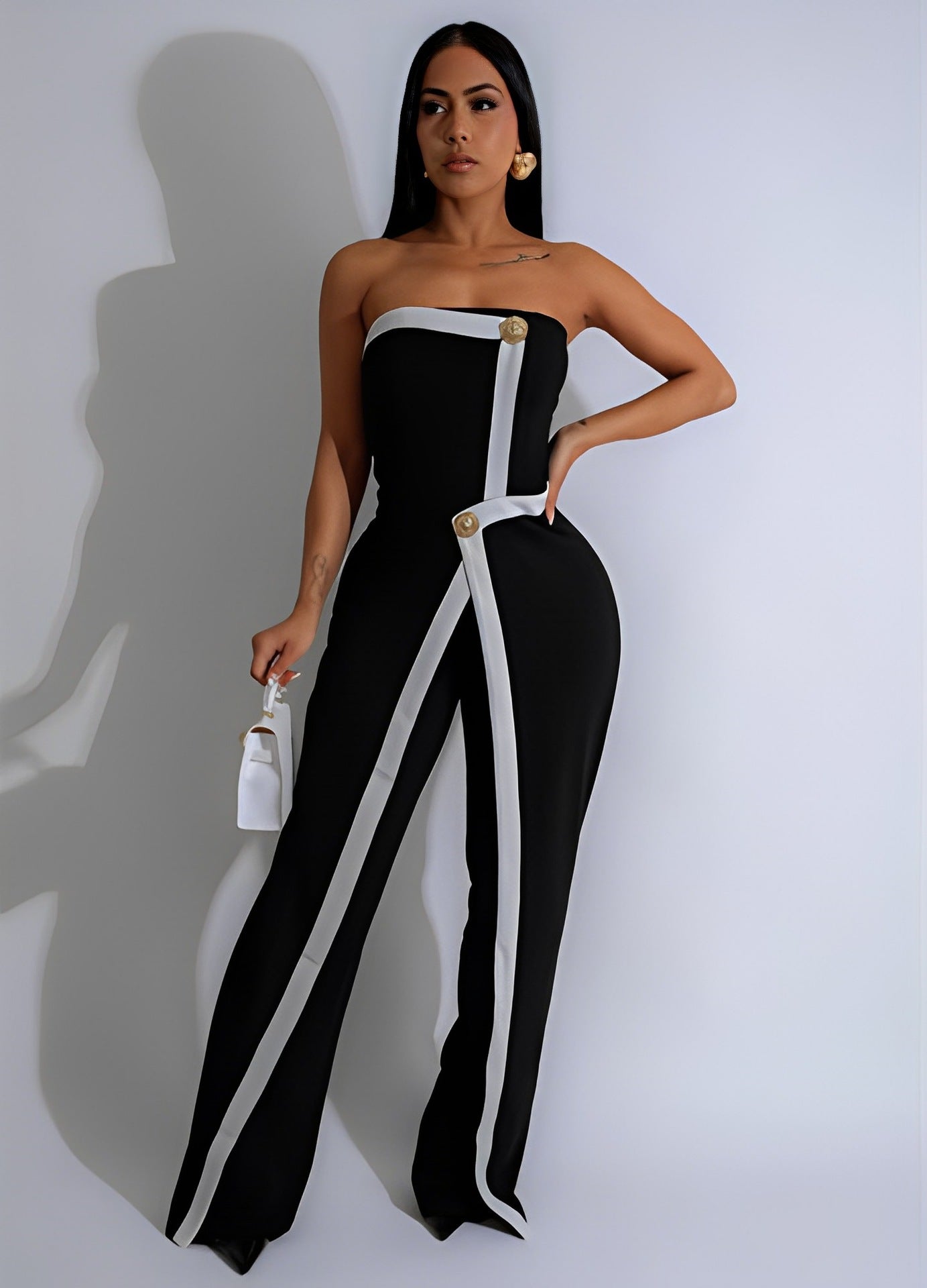 Fashion Women's Clothing Strapless Sexy Slim High Waist Contrast Color Jumpsuit