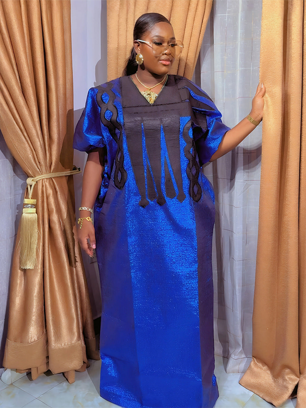 Muslim V-Neck Long Dress African Plus Size Women's Dubai Embroidered Robe Headscarf 5