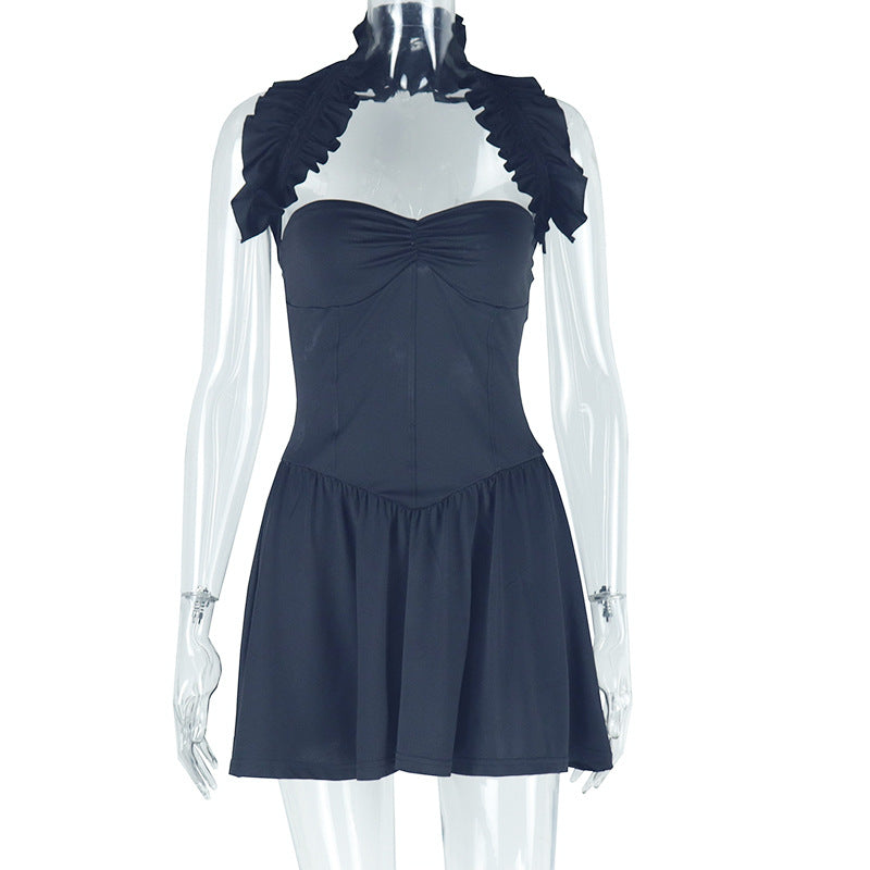 Women's Fashion Solid Color Sexy Deep V-Neck Halter A-Line Dress 10