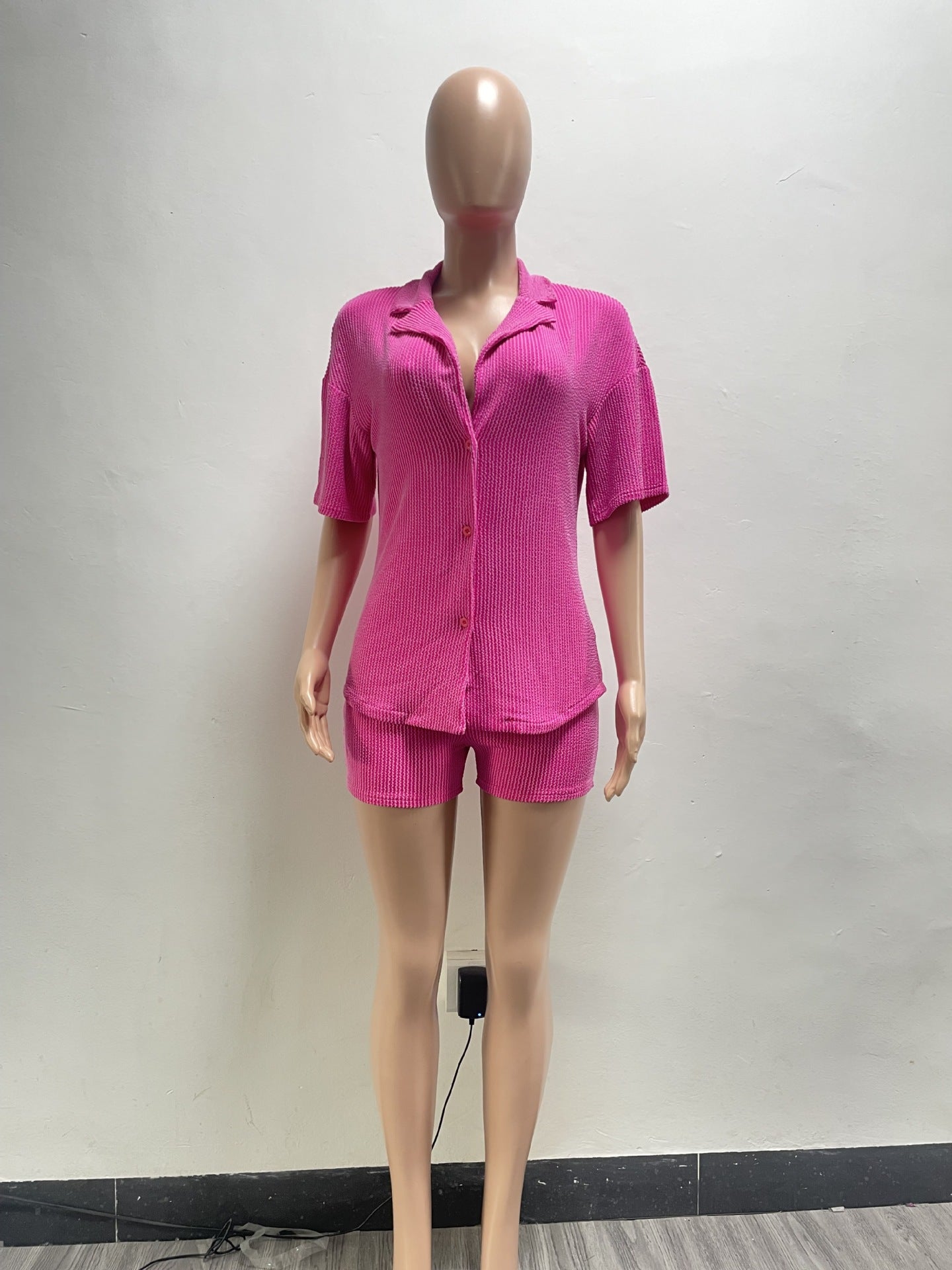 Women's Casual Solid Oclor Turndown Collar Short Sleeve Shirt Shorts Fashion Casual Two Piece Set 10