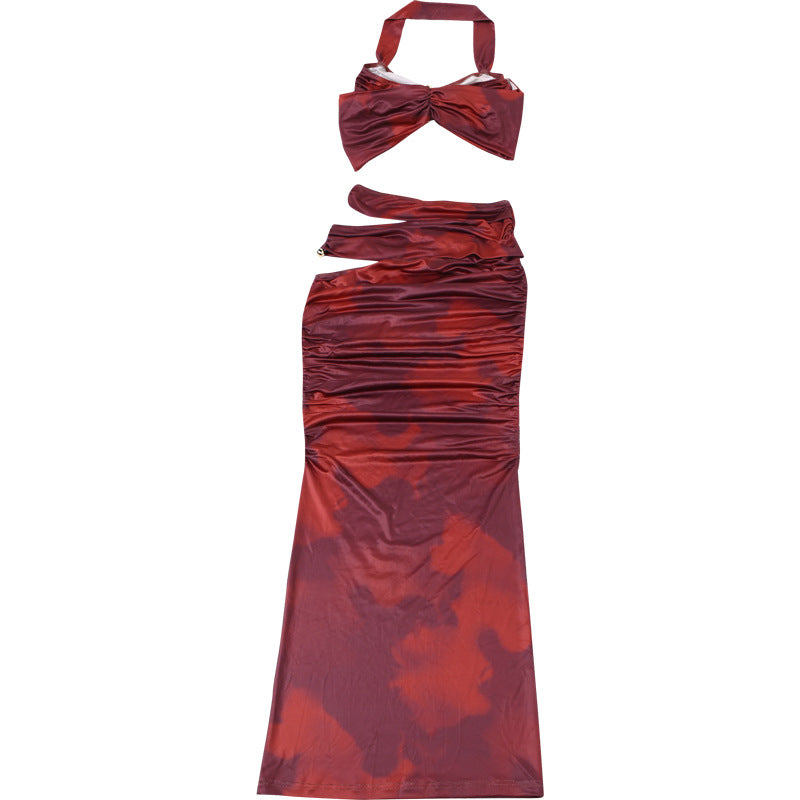 Summer Women's Sexy Halter Neck Off-Shoulder Sleeveless Top & Fitted Ruched Long Skirt Set 19