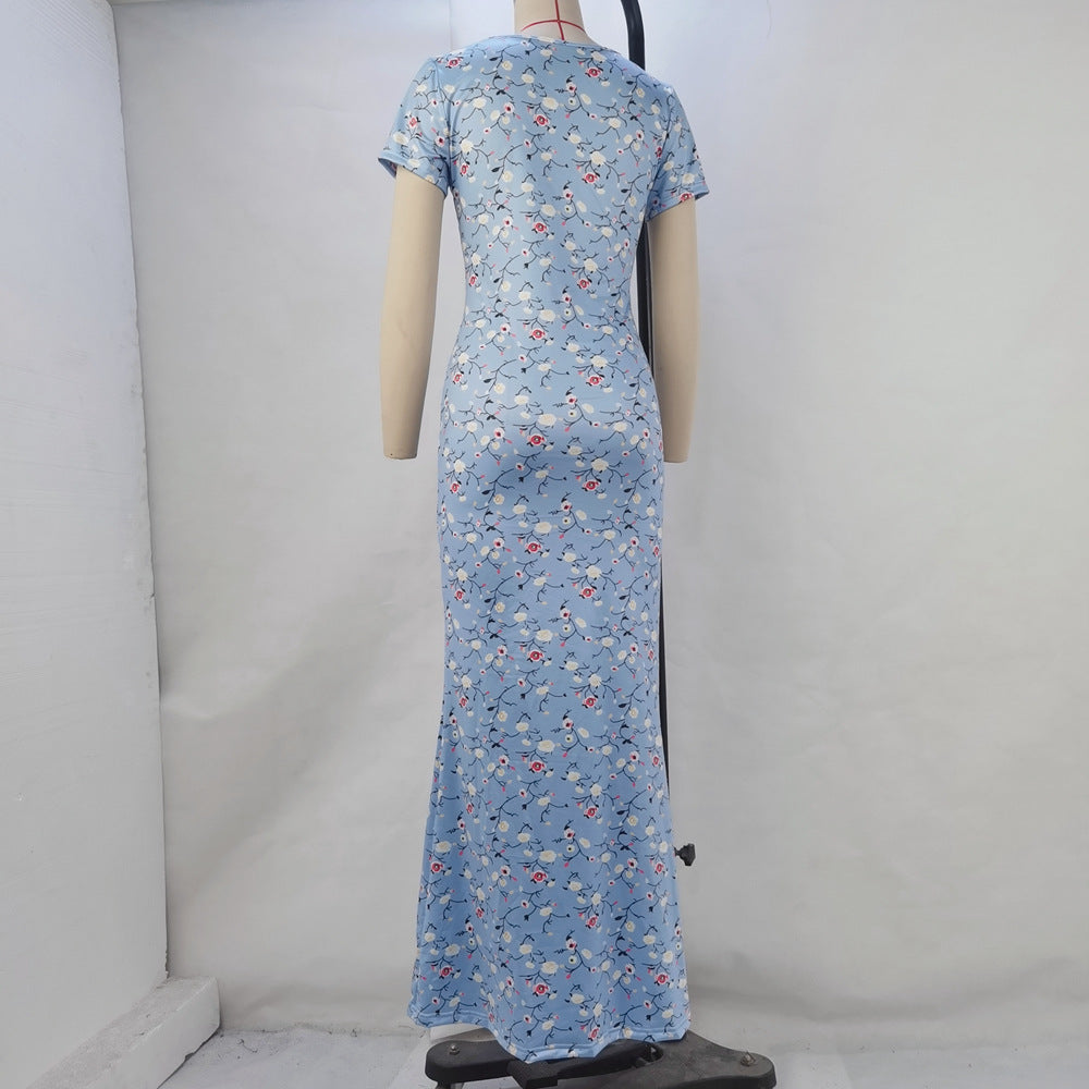 Women's Summer Print Round Neck Short Sleeve Slim Waist Slim Fit Bodycon Dress 9