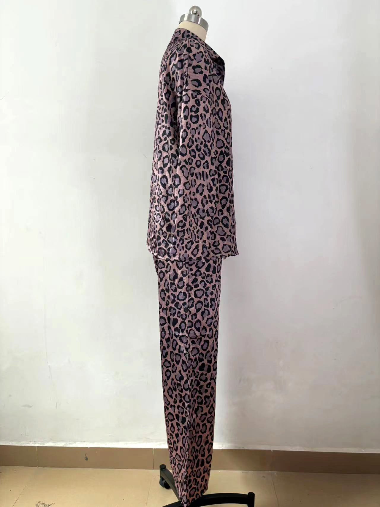 Fashion Casual Set Women Leopard Print Fall Women Long Sleeve Shirt Pants Two-Piece Set 17