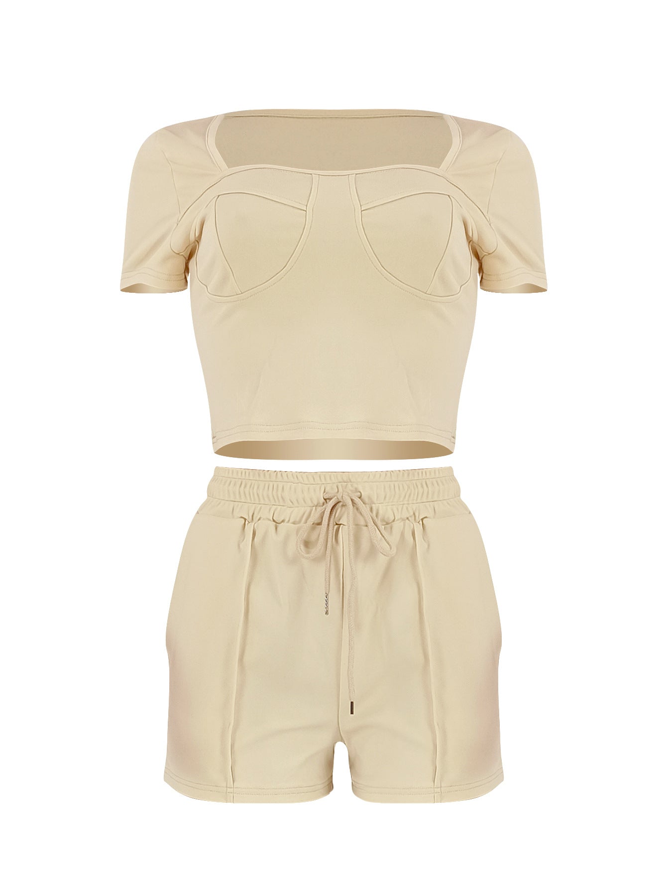 Women's Casual Solid Color Square Neck Short Sleeve Top Drawstring Pocket Shorts Two-Piece Set 7
