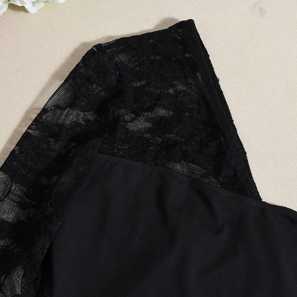 Women Spring and Summer Lace Sexy Hollow One-shoulder Irregular Top and Skirt Two-piece Set 10