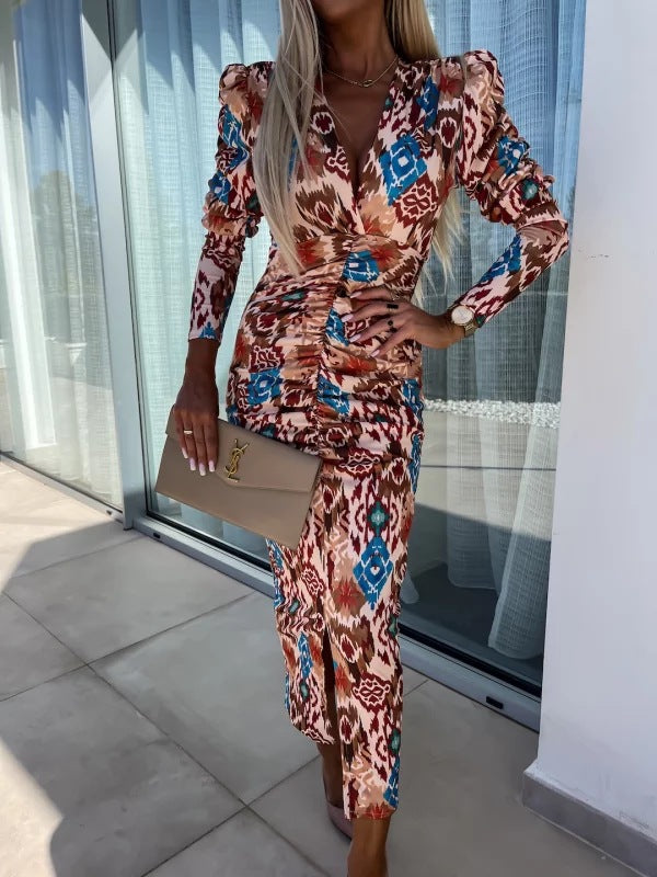 Women Spring Puff Long Sleeve Slit V Neck Print Dress 6