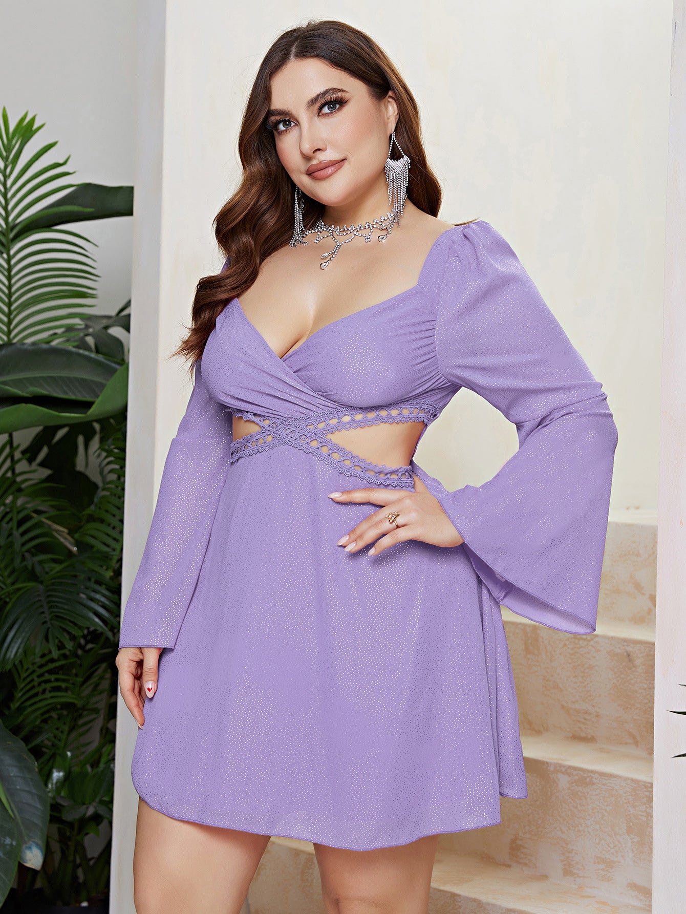 Plus Size Sexy Women Bell Bottom Sleeve Wrap Chest Hollow Dress