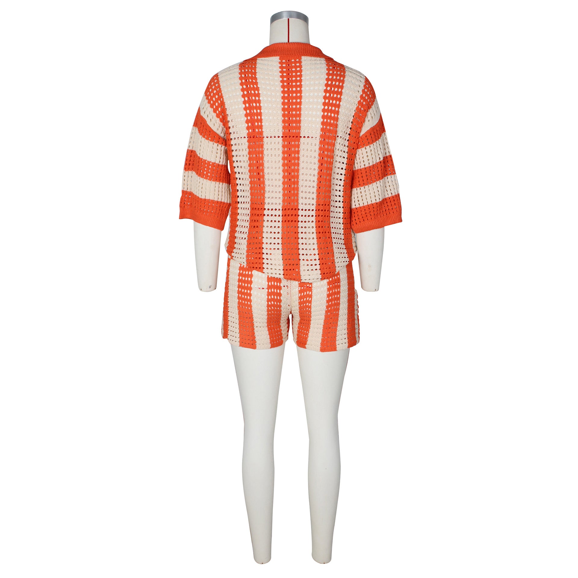 Women's Sexy Ladies Hollow See-Through Turndown Collar Knitting Two Piece Shorts Set 12