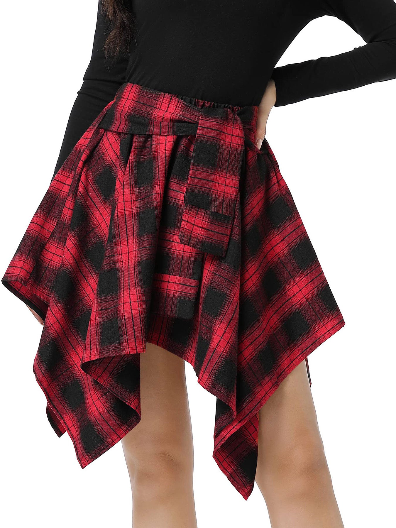 High-Waist Patchwork Asymmetrical Plaid Skirt 23