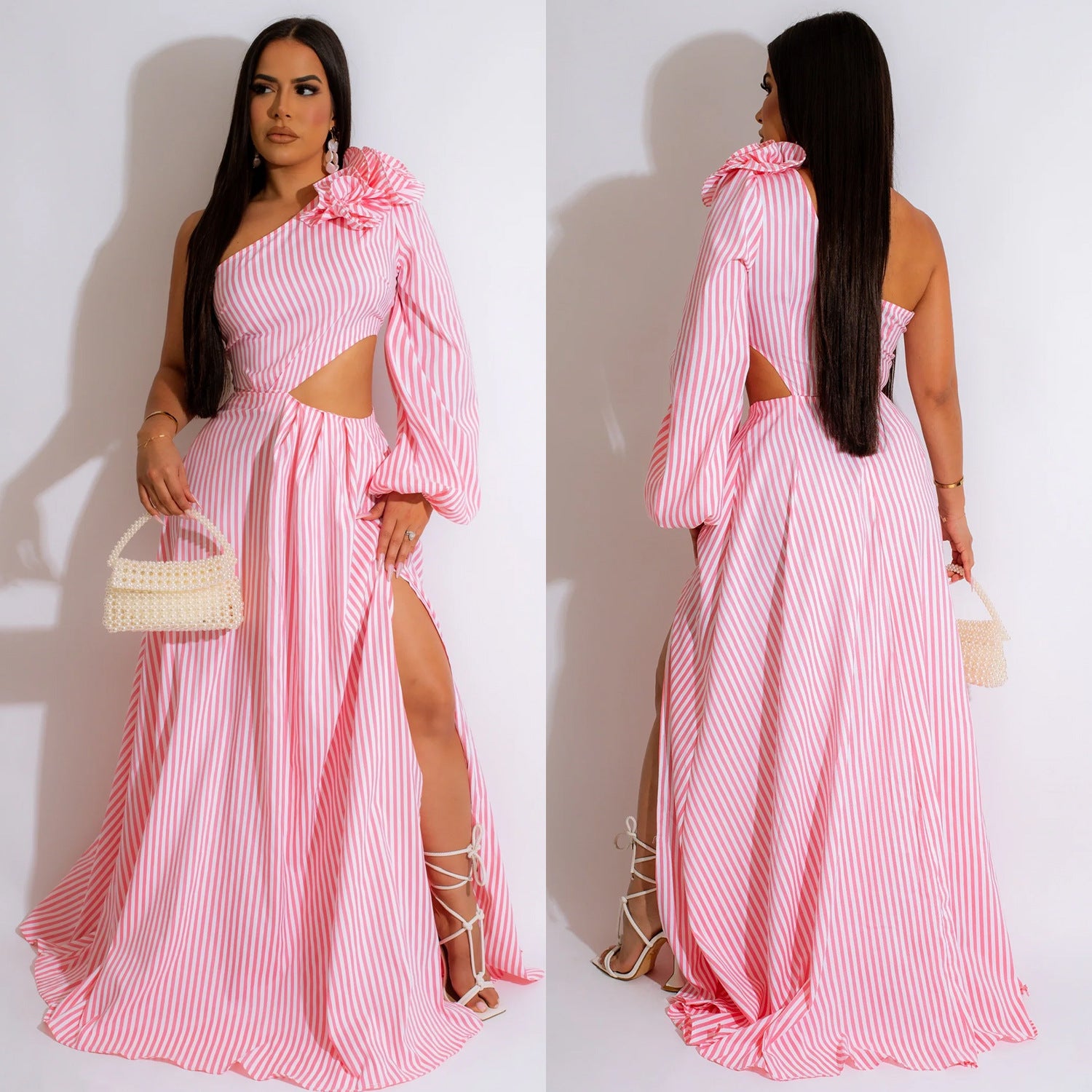 Summer Ladies Sexy One Shoulder Sleeve Striped Slit Dress 3