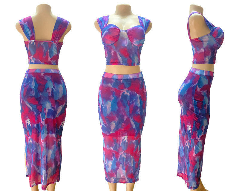 Women Sexy Top and Mesh Print Slit Skirt Two-piece Set 13