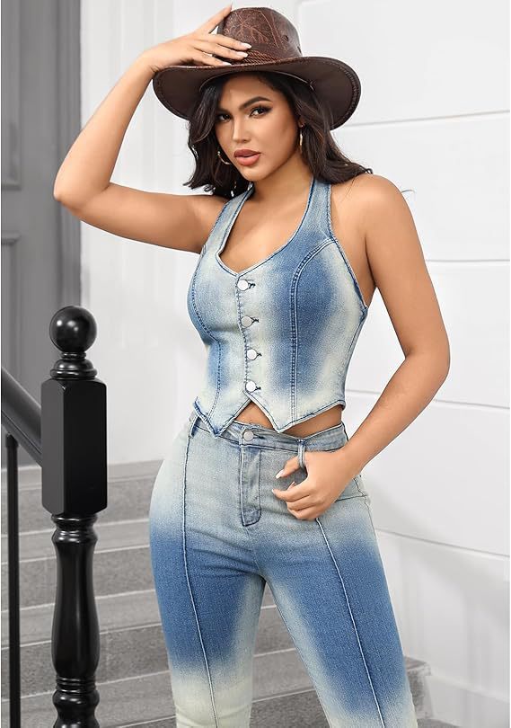 Women Summer Sleeveless Denim Vest and Pants Two-Piece Set 9