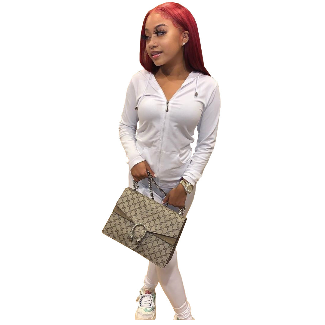 Women Summer Sports Hooded Full Sleeves Solid Pockets Regular Two Piece Pants Set 34