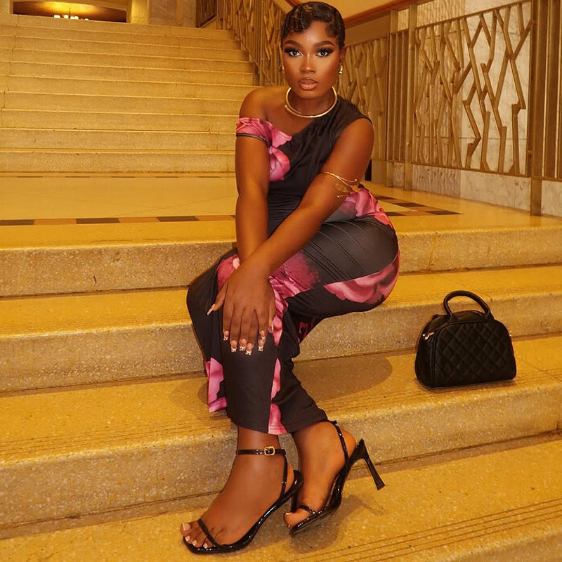 Elegant Fashion Women's Printed Tight Fitting One Shoulder Slash Shoulder Long Dress 5