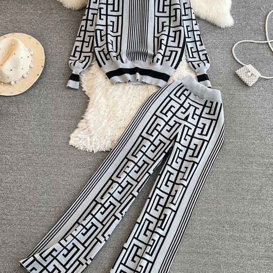 Women Long Sleeve Round Neck Jacquard Knitting Top and Wide Leg Pants Two-piece Set 7