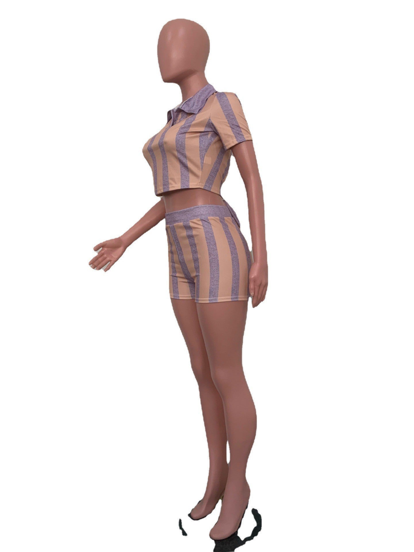 Women's Trendy Digital Ribbed Print Sexy Low Back Short Sleeve Two-Piece Set 14