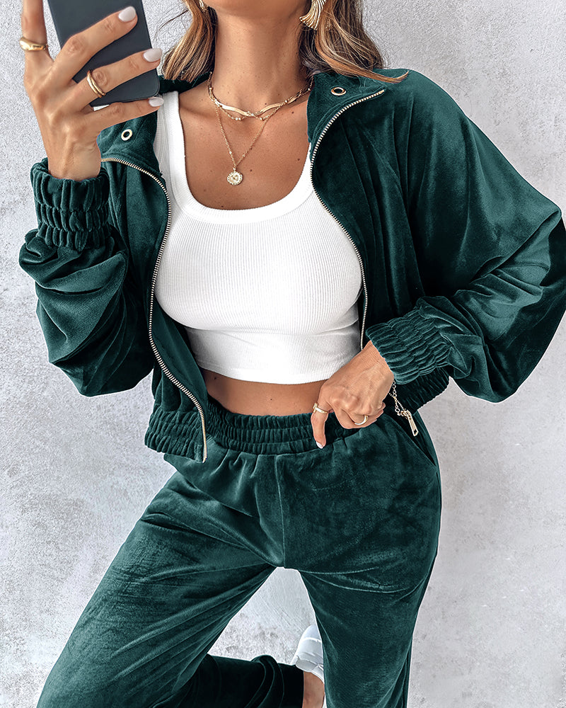 Women Turndown Collar Zipper Velvet Hoodies And Casual Sweatpants Two-Piece Set 5