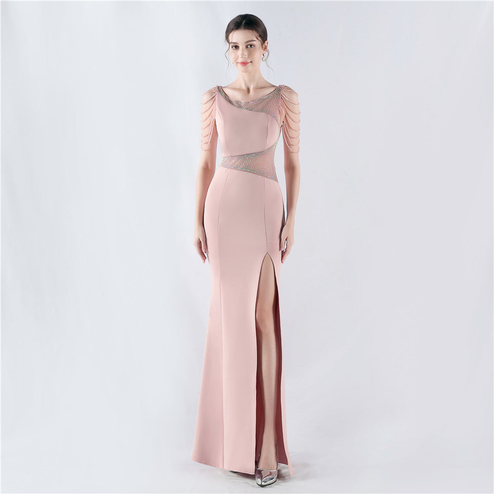 Women Beaded See-Through Mesh Split Evening Dress 19