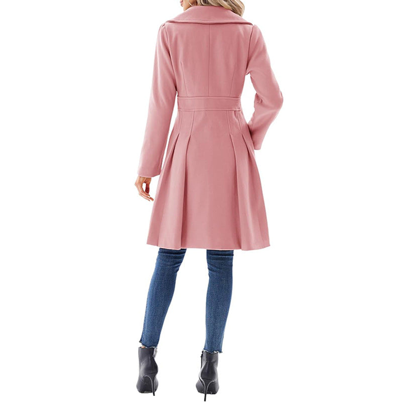 Women Fall and Winter Turndown Collar Double-Breasted Pocket Windbreaker 90