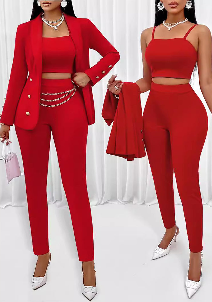 Women Top long-sleeved Blazer and Pants Three-Piece