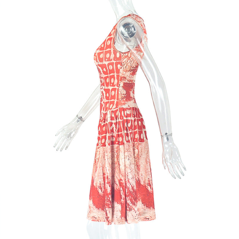 Printed Round Neck Sleeveless Pleated A-Line Mini Dress 7