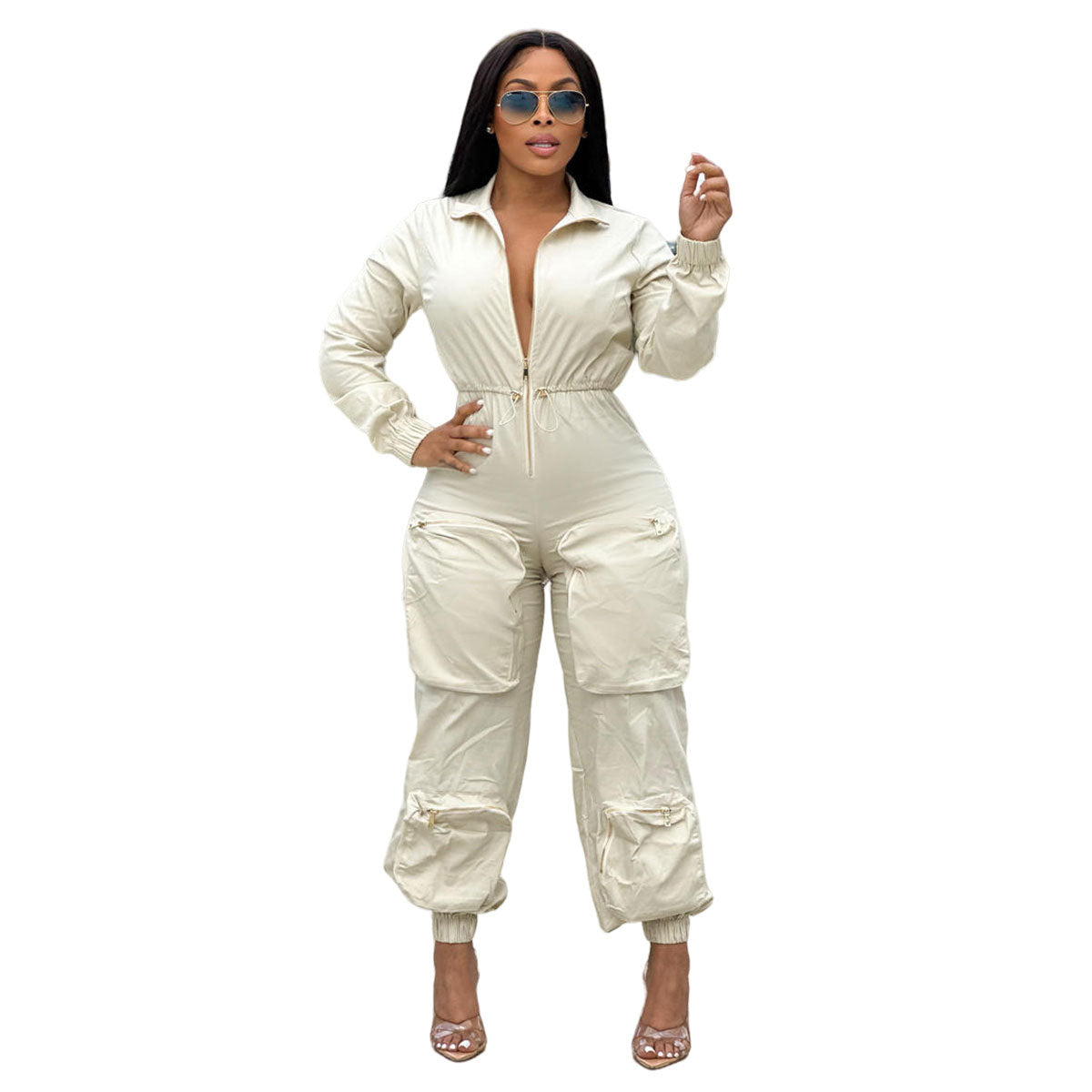 Women'S Slim Waist Metal Zipper Long Sleeve Casual Cargo Jumpsuit 6