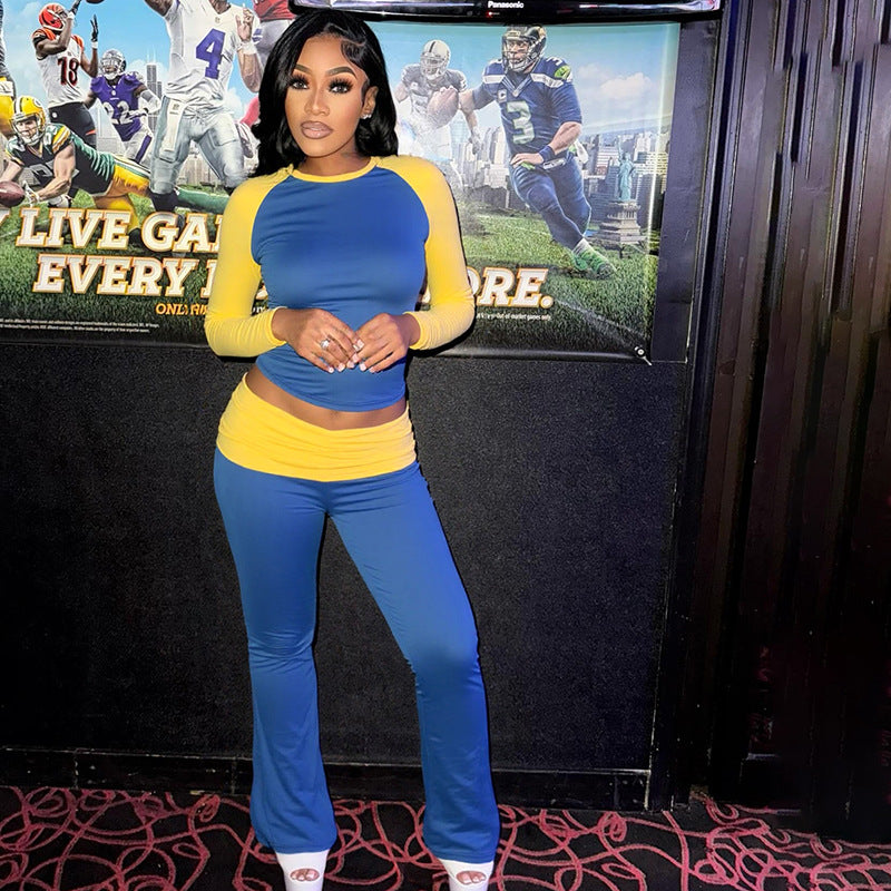 Women Contrast Raglan Long Sleeve Top and Folded Flared Trousers Two-Piece Set 4