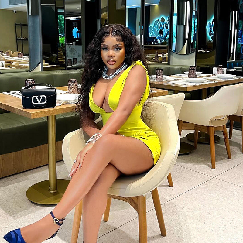 Sexy V-Neck Fake Pocket Summer Slim Waist A-Line Dress 4