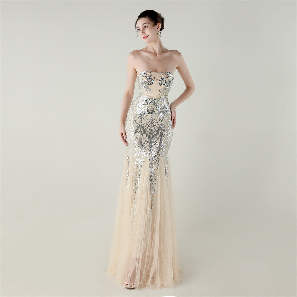 Women Strapless cross Lace-Up sequined tube flower sequined mesh evening dress Formal Party evening dress 26