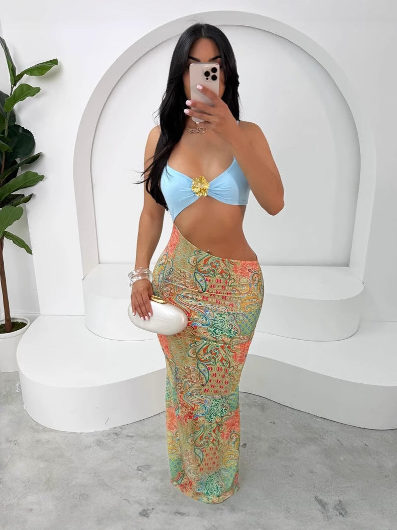 Summer women's sexy printed strap Low Back Slong dress 5