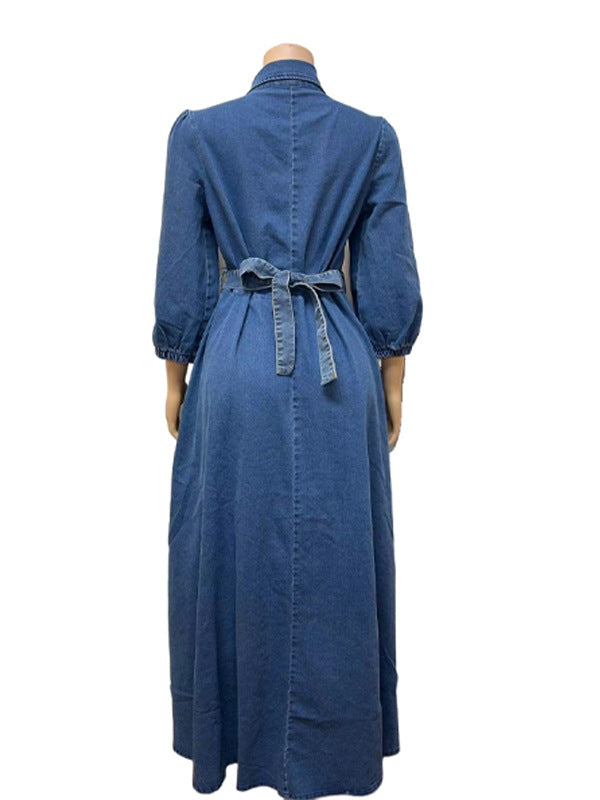 Women Casual Belted Denim Long-Sleeved Dress 5