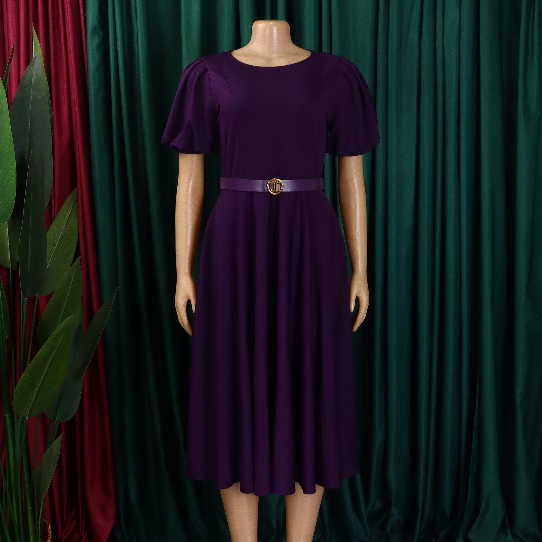 Women's Round Neck Chic Elegant Slim Waist Puff Sleeve A-Line African Dress 16