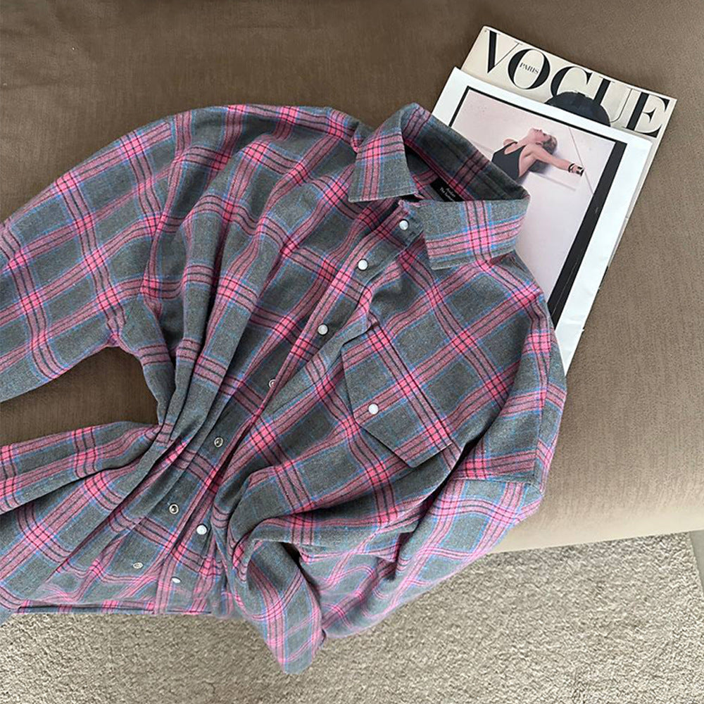 Autumn retro style Turndown Collar loose shirt plaid long-sleeved women's blouse 14