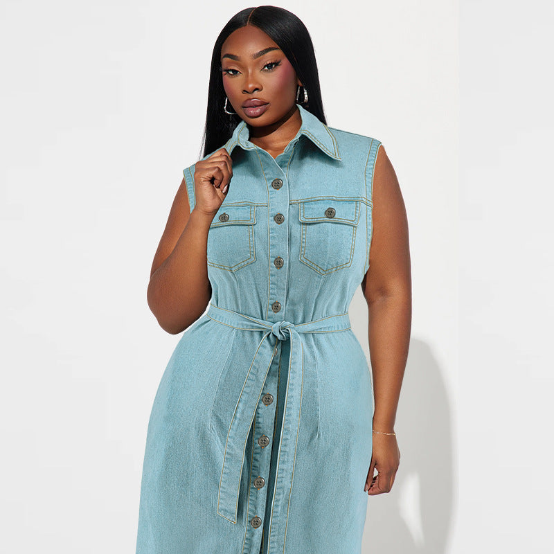 Plus Size Women's Turndown Collar Sleeveless Button Belt Denim Long Dress 4