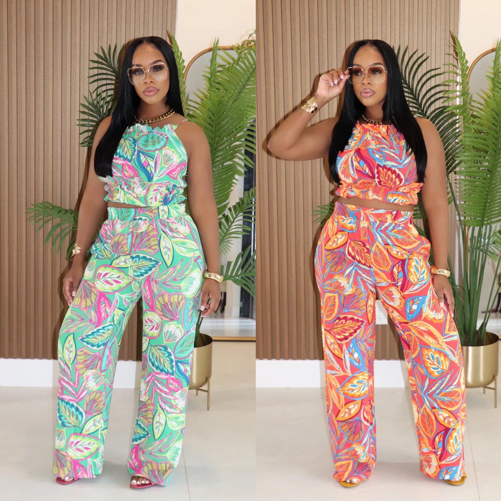 Women's Fashion Print Halter Neck Vest High-Waist Pants Two-Piece Set 12
