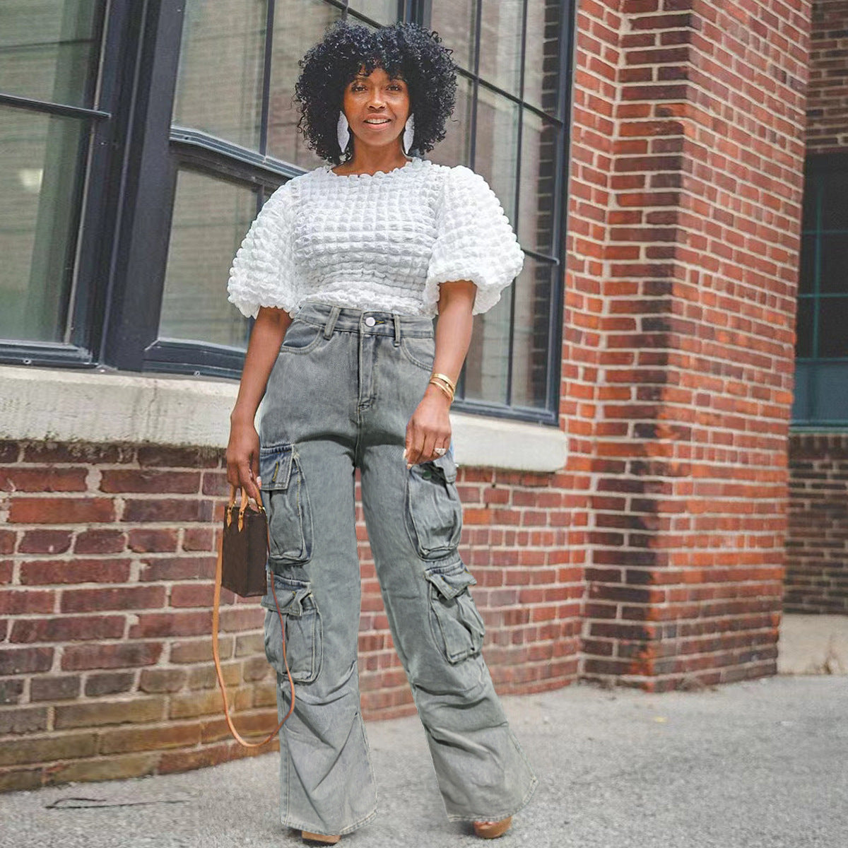 Women Washed Cargo Pocket Denim Straight Leg Pants 3