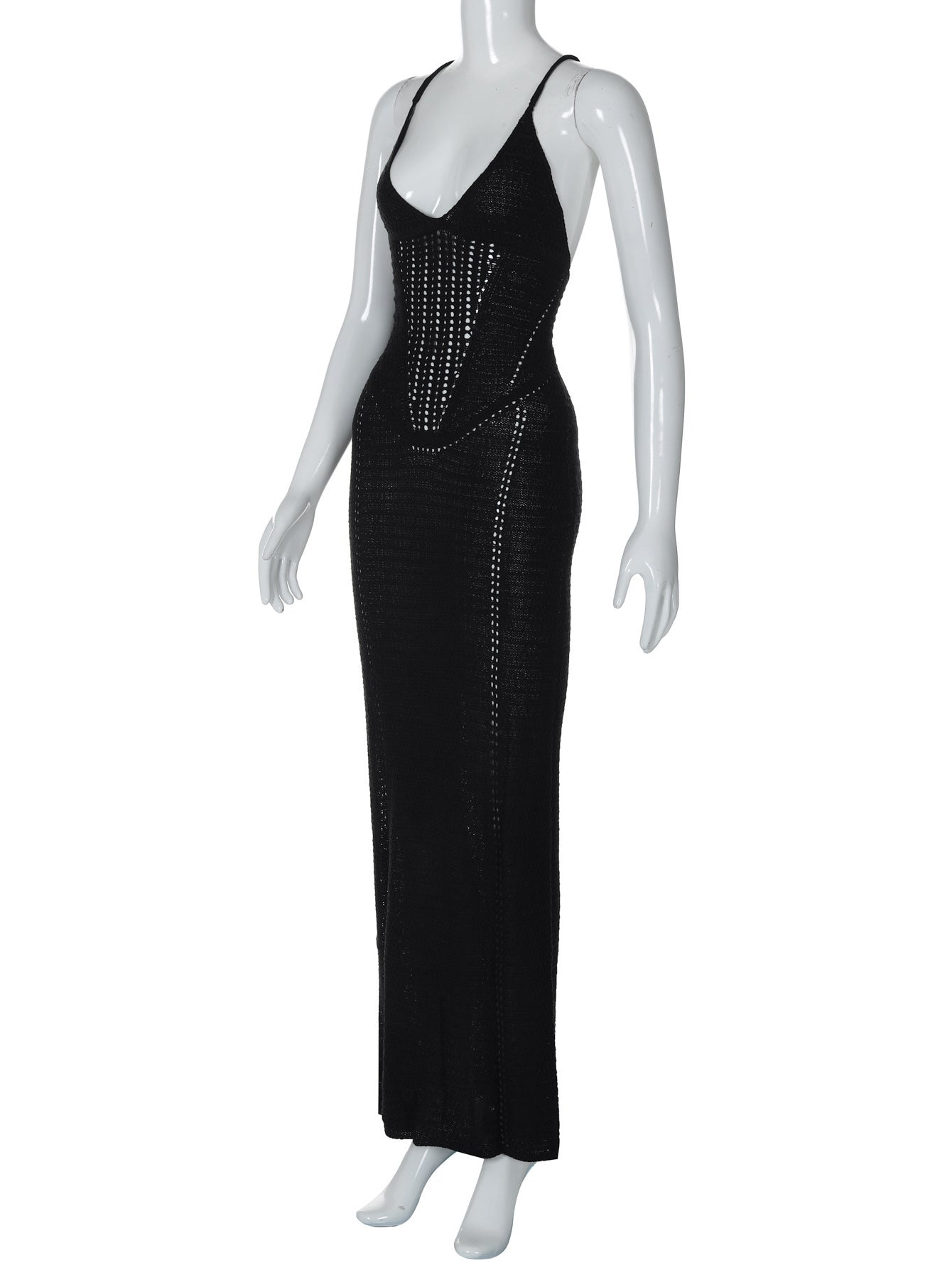 Women Spring and Summer Sexy Backless Hollow Lace Knitting Suspender Bodycon Dress 13