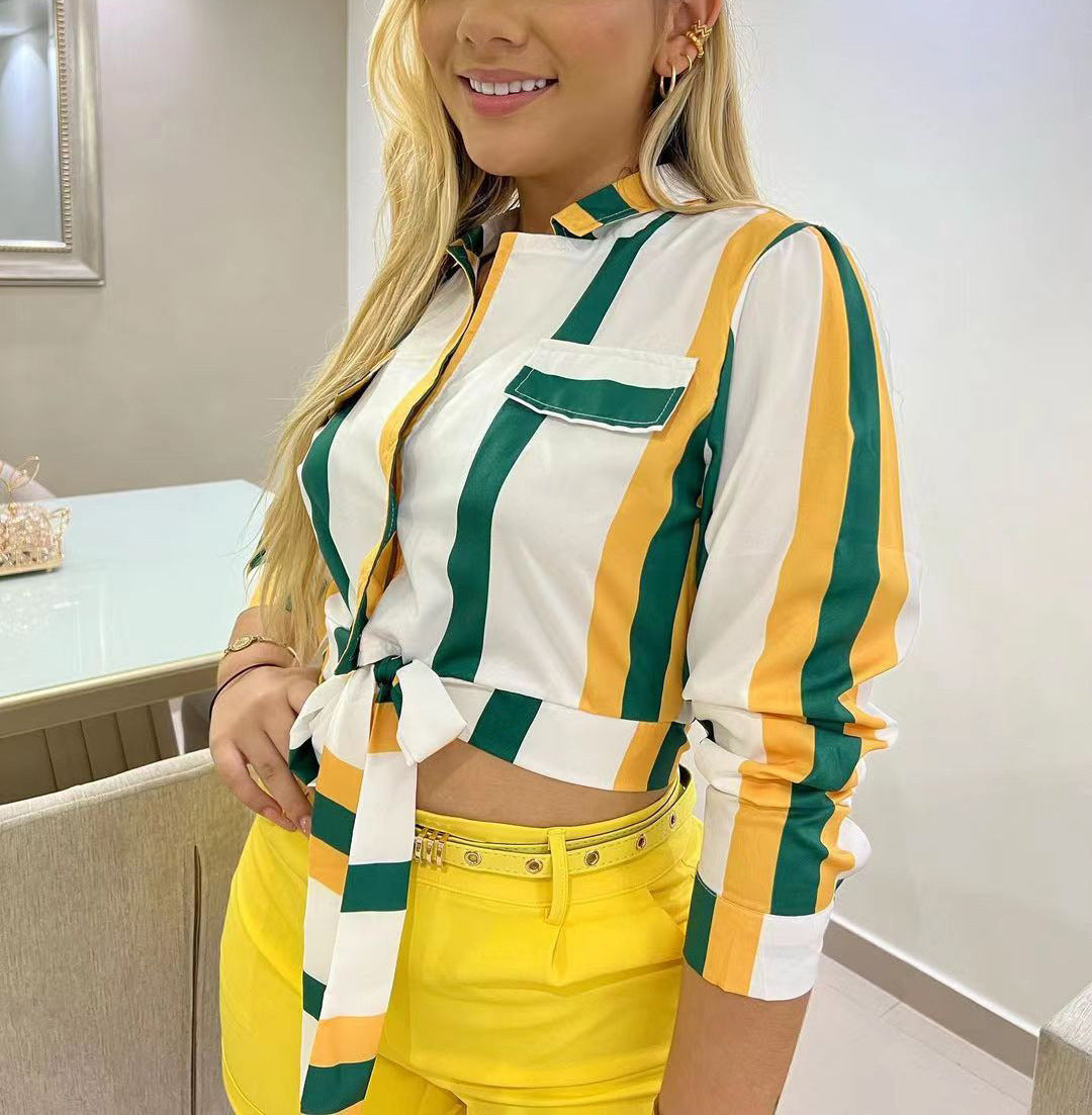 Women's Striped Digital Print Lace-Up Short Turndown Collar Shirt Shorts Two-Piece Set 16