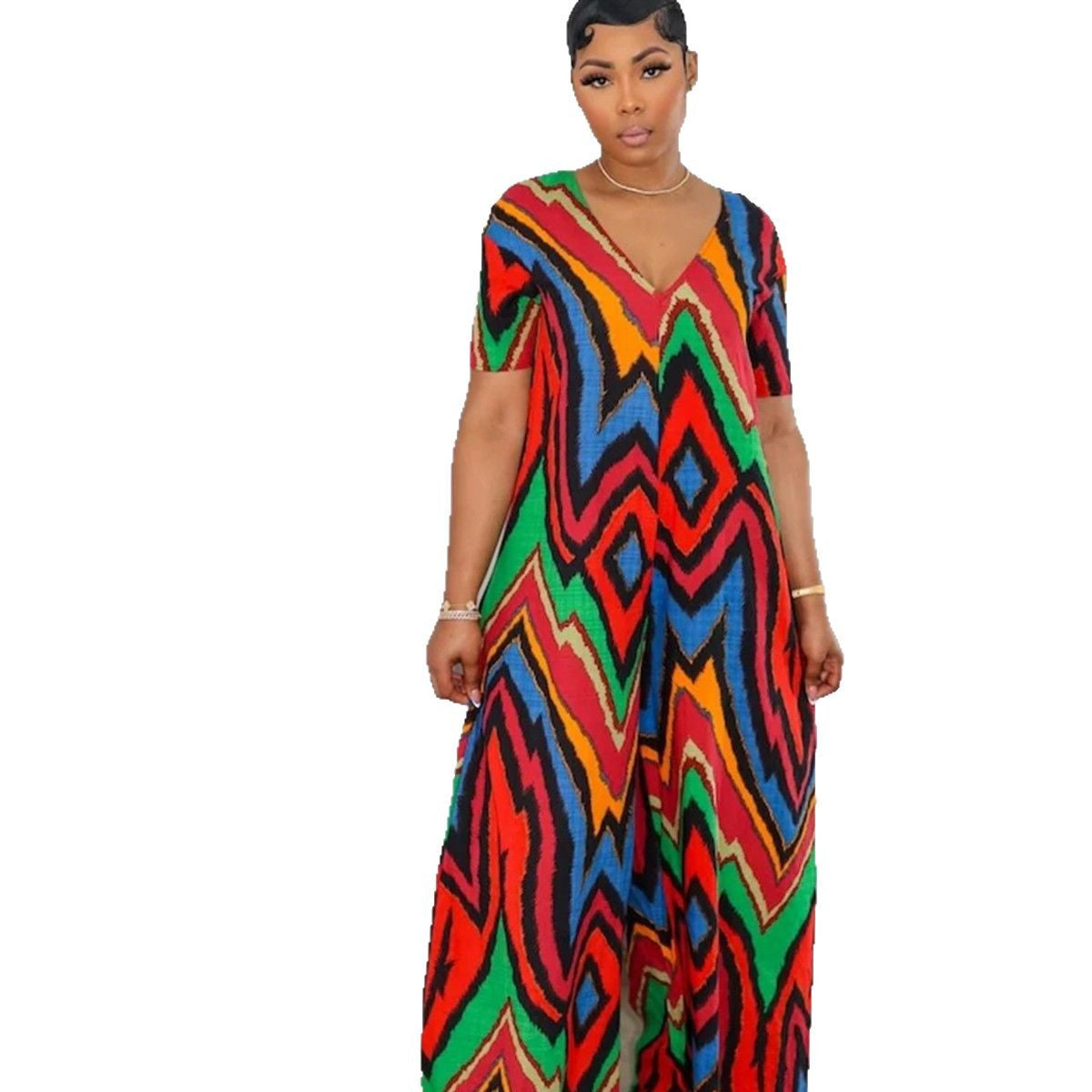 Women summer Casual Holidays contrast color printed V-neck wide-leg Jumpsuit 4