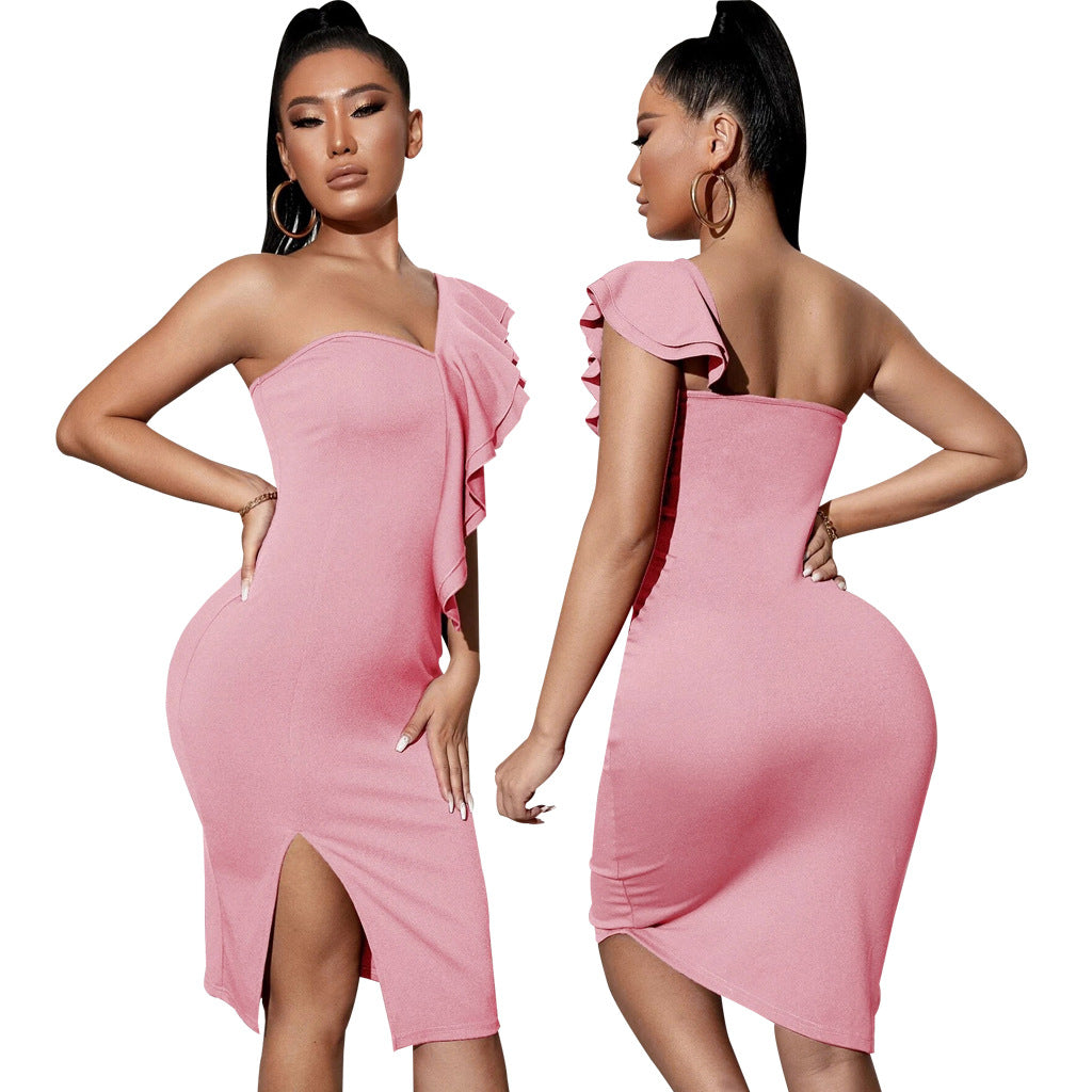 Women Sexy Solid One Shoulder Ruffle Dress