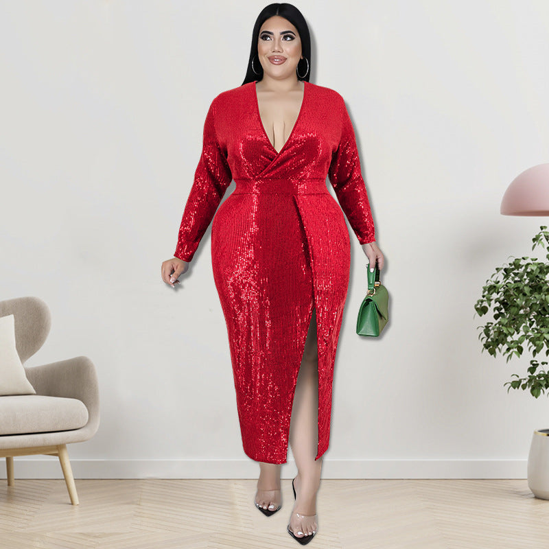 Plus Size Autumn Women's Velvet Bottom Embroidered Sequin Dress 6