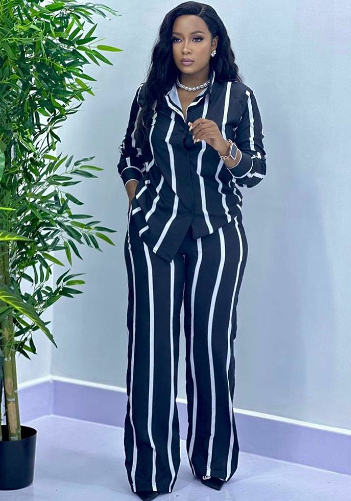 Women Casual Striped Long Sleeve Top and Pant Two Piece Set