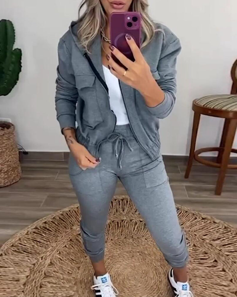 Women Solid Zipper Top+Pant Two Piece Set